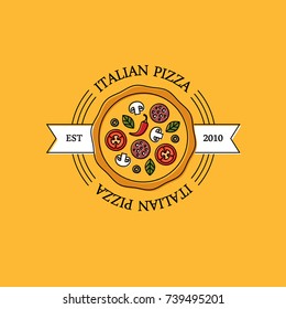 Italian pizza logo, emblem or label vector design on orange background. Mono line fast food icon. Pepperoni, salami symbol.