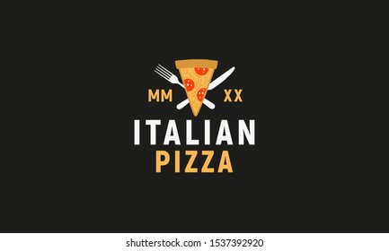 Italian Pizza logo isolated on black background. Modern flat design logo template. Pizza slices with fork and knife. Vector illustration