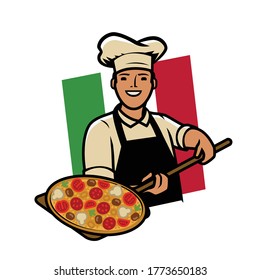 Italian pizza logo or label. Happy cook vector illustration
