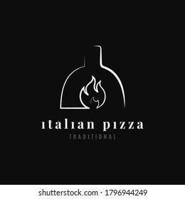 Logo de la pizza italiana. horno de pizza sobre fondo negro