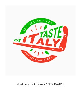 Logo de la pizza italiana. Sabor de Italia. Símbolo de pizzería. Logotipo circular con porción de pizza. Emblema de plato tradicional italiano. pizza italiana caliente