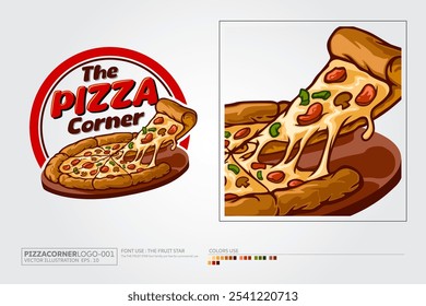 La Plantilla italiana del logotipo de la pizza con la Ilustración vectorial realista de la pizza es altamente conveniente para cualquier negocio relacionado de la pizza, de la comida rápida, de la entrega, del bistro, de la restauración y de la comida italiana.