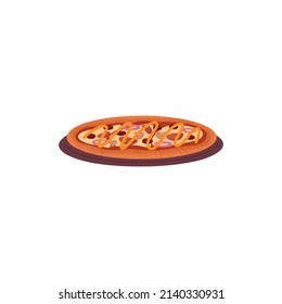 Italian pizza with meat served on wood dish, plate. Fat snack food with Bavarian sausages, champignon mushrooms, cheese, mustard sauce. Flat vector illustration isolated on white background