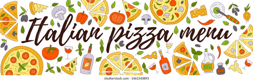 Italian pizza menu. Lettering with illustration. Horizontal banner