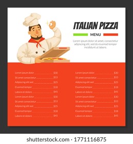 Italian Pizza Menu Template, Traditional Cuisine Dishes, Online Ordering Service, Restaurant or Cafe Menu with Cheerful Chef Character Vector Illustration