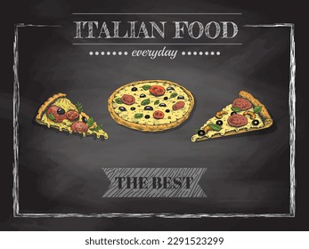 Italian pizza  menu. Vintage vector illustration. Hand-drawn sketch illustration of pizza isolated on chalkboard  background. Great for menu, poster or restaurant background.