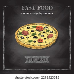 Italian pizza  menu. Vintage vector illustration. Hand-drawn sketch illustration of pizza isolated on chalkboard  background. Great for menu, poster or restaurant background.