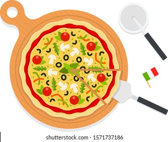 Italian pizza with mushrooms, pepper, tomatoes, olives on a wooden board. Pizza knife and spatula flat single icon vector isolated on white