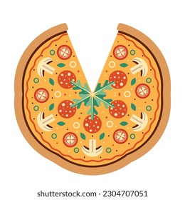 Italian pizza with mushrooms, salami, cheese, tomatoes, olives and arugula. Sliced pizza pie geometric flat design icon.