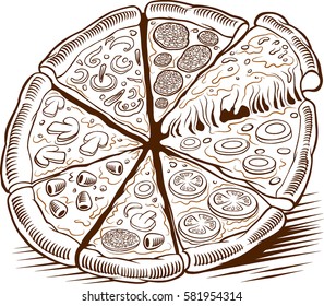 italian pizza with mushrooms, tomato, cheese, olive - hand drawing