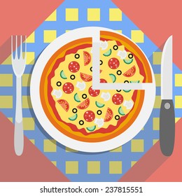 Italian pizza on the plate with napkin and cutlery. Vector illustration