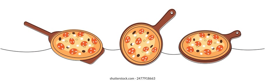 Italian pizza on wooden boards one line colored continuous drawing. Traditional italian fast food continuous one line illustration.