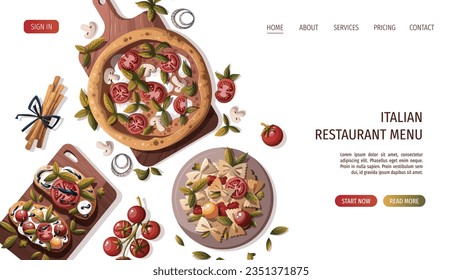 pizza italiana, pasta, bruschetta. comida italiana, comida saludable, cocina, recetas, concepto de menú de restaurante. Ilustración vectorial para banner, sitio web, afiche.