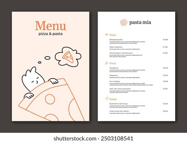 Italian pizza pasta menu illustration. Cute character sleeping and dreaming about food. Pizzeria background art poster with cartoon illustration. Modern design art template for restaurant, cafe