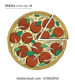 Italian Pizza pepperoni hand drawn vector illustration. Can be use for pizzeria, cafe, shop, restaurant.