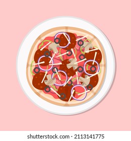 Italian pizza pepperoni mozzarella healthy diet meal on plate. Vector illustration. Simple flat stock image. Pizzeria meal on table healthy food nutrition 