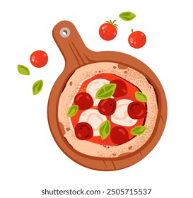 Italian pizza with pepperoni and mozzarella on a wooden tray. Flat vector illustration isolated on white background.