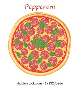 Italian pizza pepperoni with sausages, cheese, ketchup and basil on a white background. Vector pizza illustration for menu, poster, advertisement, banner, website.
