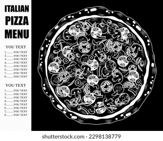 Italian pizza poster. Big round tasty pizza. Conceptual design of a restaurant menu. Vintage engraving stylized line drawing. Vector illustration.