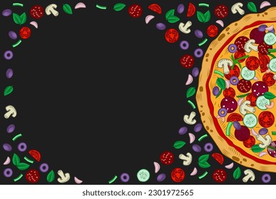 Italian pizza poster. Food menu, restaurant template design. Flyer cafe. Vintage engraving stylized drawing. Vector illustration