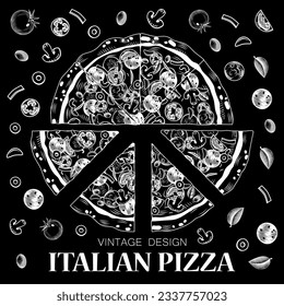 Italian pizza poster. Food menu, restaurant template design. Conceptual design of a restaurant menu. Vintage engraving stylized line drawing. Vector illustration.