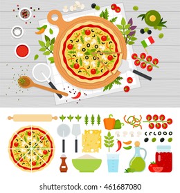 Italian pizza and products for pizza vector flat illustration. Set with tomato, pepper, oil, flour, sauce, spice for website and Advertising in the magazine. Isolated on white background.