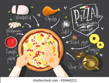 Italian pizza recipe. Hawaiiana pizza. Cooking pizza with ingredients
