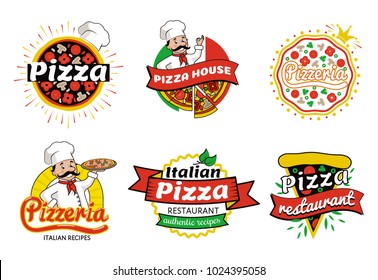 Italian pizza restaurant authentic recipes logos and emblems, pizzeria and pizza house, headlines and chef, collection isolated on vector illustration