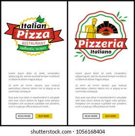 Italian pizza restaurant authentic recipes, set of web pages, pizzeria Italiano, pizza logotypes with text sample and buttons vector illustration