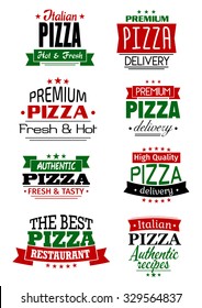 Italian pizza restaurant headers, labels and banners in red, green and black colors, decorated by ribbon banners and stars with text Hot and Fresh, Delivery, Premium and The Best