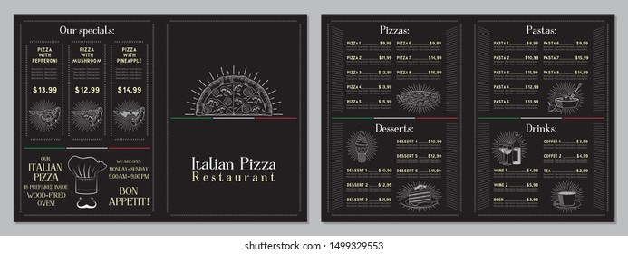 Italian Pizza restaurant menu - A4 card (pizzas, pastas, desserts, drinks)