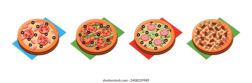 Italian Pizza Round Baked Pastry with Topping Vector Set