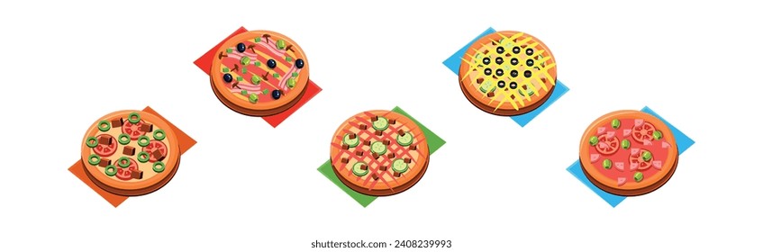 Italian Pizza Round Baked Pastry with Topping Vector Set