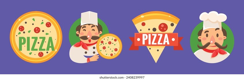 Italian Pizza Round Baked Pastry with Topping and Man Chef Vector Set