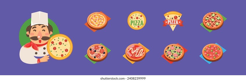 Italian Pizza Round Baked Pastry with Topping and Man Chef Vector Set