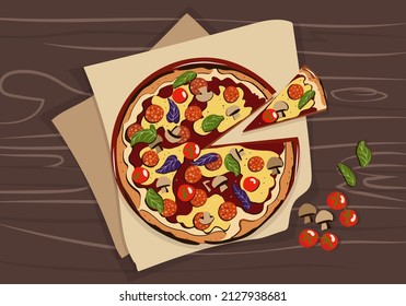 Italian pizza with salami, mushrooms, tomatoes, basil and cheese on a wooden table. Vector illustration.