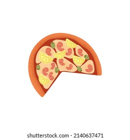 Italian pizza with sea food ingredients. Italy meal with shrimps, cheese, pineapple. Snack with prawns, mozzarella, olives and cut absent piece. Flat vector illustration isolated on white background