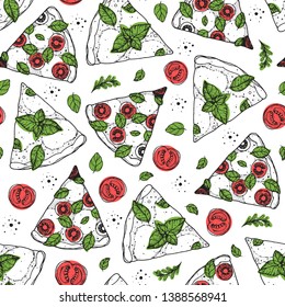 Italian pizza seamless pattern. Hand drawn sketch pizza. Italian food. Package design. Pizza slices vector illustration. Can used for menu or packaging design.