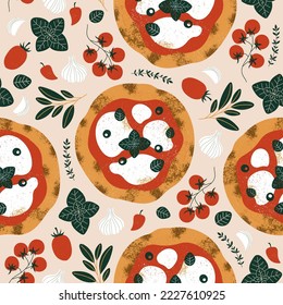 Italian pizza seamless pattern. Pizza ingredients background. Tomato and basil with garlic. Vector illustration.