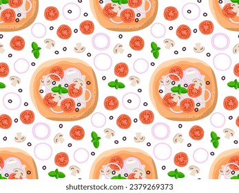 Italian pizza seamless pattern and Pizza ingredients background. Italian cuisine pizza with tomato, onion, mushroom, mozzarella, basil for cafe menu. Repeated background for textile, paper, wallpaper.