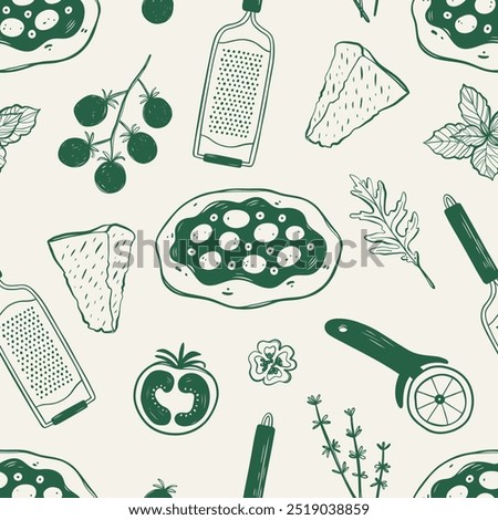 Italian pizza seamless pattern. Pizza ingredients background. 