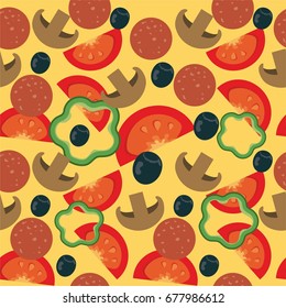 Italian pizza. seamless pattern with tomatoes, mushrooms, olives, chilli. Vector background