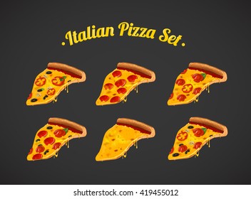 Italian pizza set, collection . For advertising design or restaurant business. Vector illustration of slices of pizza Margherita, pepperoni, Mushroom.