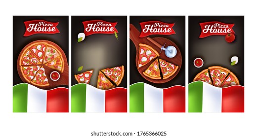 Italian pizza set of flyers with cutting board, slices, flag, tomatoes, mozzarella, red ribbon. Fast food design collection with margherita, pepperoni, cutter, ketchup, black chalkboard.