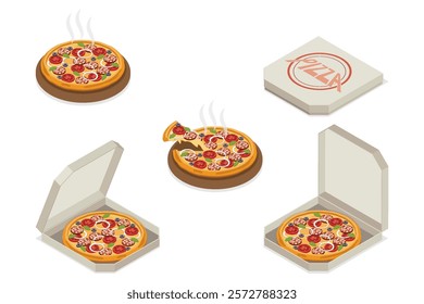 Italian pizza set. Hot pizza on a wooden plate, in cardboard delivery box. 3d vector isometric illustration isolated on white background