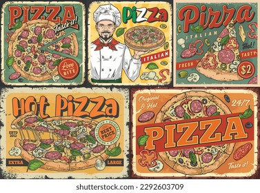 Italian pizza set posters colorful for advertising pizzerias and restaurants of traditional kitchen or delivery from cafes vector illustration