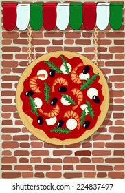 Italian pizza. Signboard and sunblind on an old brick wall. Invitation poster. Hand drawn vector illustration.