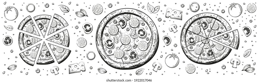 Italian pizza sketch isolated on white background for banner. Pepperoni pizza close-up from above. Framed ingredients. Vector illustration
