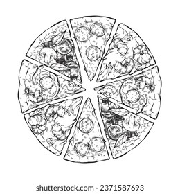 Italian pizza sketch. Pepperoni pizza, top view. Ingredients in frame. Illustration for a menu or booklet for a restaurant or cafe. Fast food.