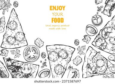 Italian pizza sketch. Pepperoni pizza, top view. Ingredients in frame. Illustration for a menu or booklet for a restaurant or cafe. Fast food.